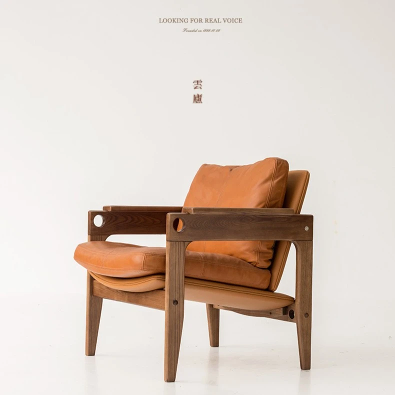 棕色家用真皮主人椅牛皮休闲单人沙发椅现代轻奢书房茶室复古椅子