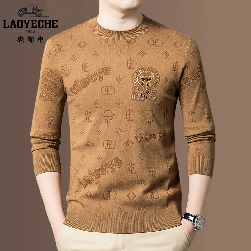 老爷车百搭男士高档轻奢秋冬保暖时尚休闲提花潮流圆领毛衣打底衫
