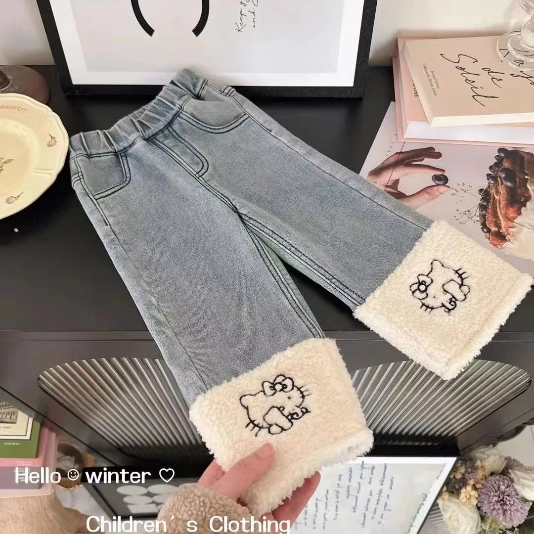 2023女童秋冬可爱卡通加绒中大童脚口凯蒂猫拼接毛边直筒牛仔裤