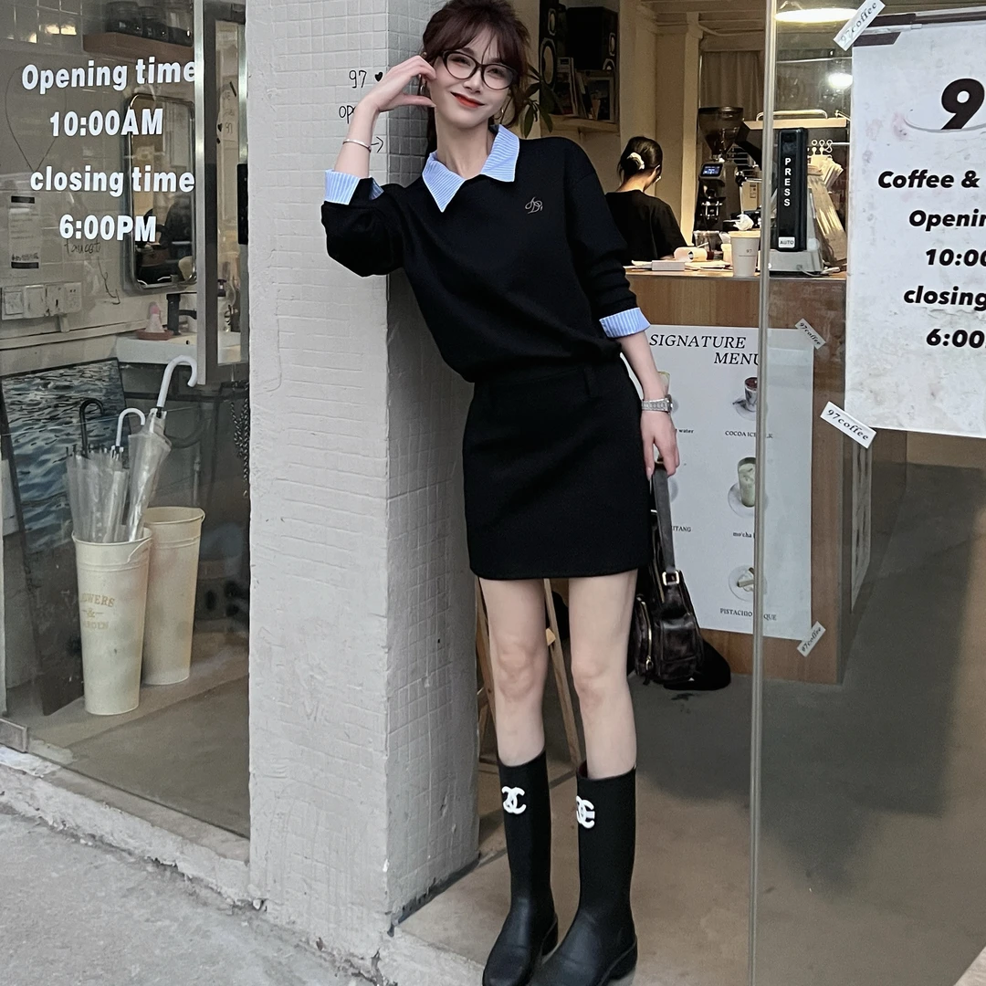 卡卡《韩感女高》设计感拼接PoLo领卫衣连衣裙（衣长87袖口领口可拆