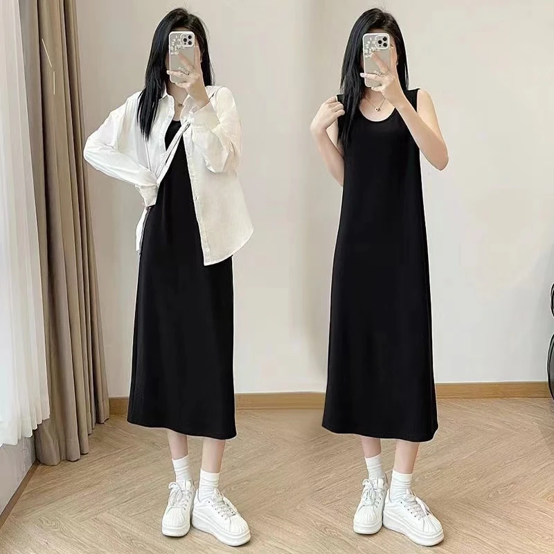背心宽松纯色时尚夏季显瘦裙子中长款休闲老钱风松弛感女装长裙