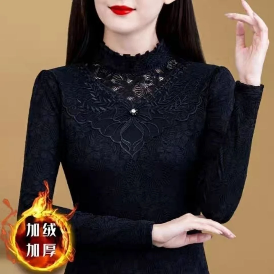 大码女装春秋蕾丝半高领长袖打底衫女加绒t恤显瘦保暖上衣小衫女