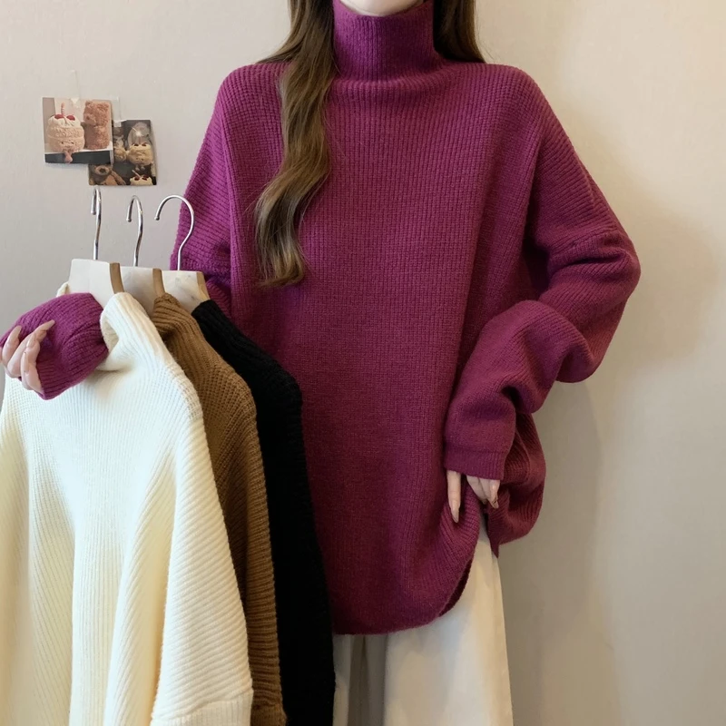 时髦慵懒风加厚高领套头毛衣女秋冬大码微胖mm显瘦宽松针织打底衫