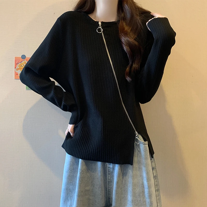 大码不规则拉链款打底针织衫女秋冬胖妹妹显瘦遮肚子别致内搭毛衣