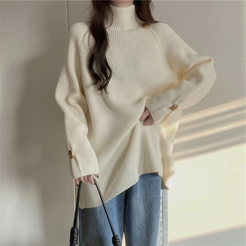 大码甜美加厚半高领针织衫上衣女秋冬慵懒风胖mm显瘦遮肚软糯毛衣