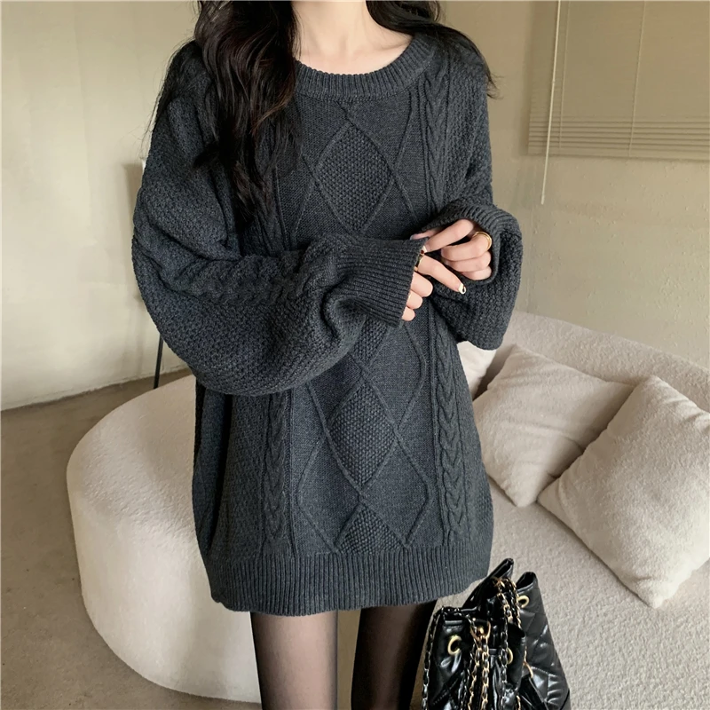 时尚慵懒风麻花套头毛衣女秋冬微胖妹妹宽松显瘦遮肚子针织打底衫