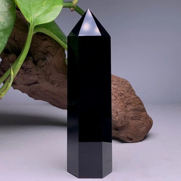 天然黑曜石六棱柱摆件能量柱原石原矿打磨单件柱桌面玄关饰品装饰