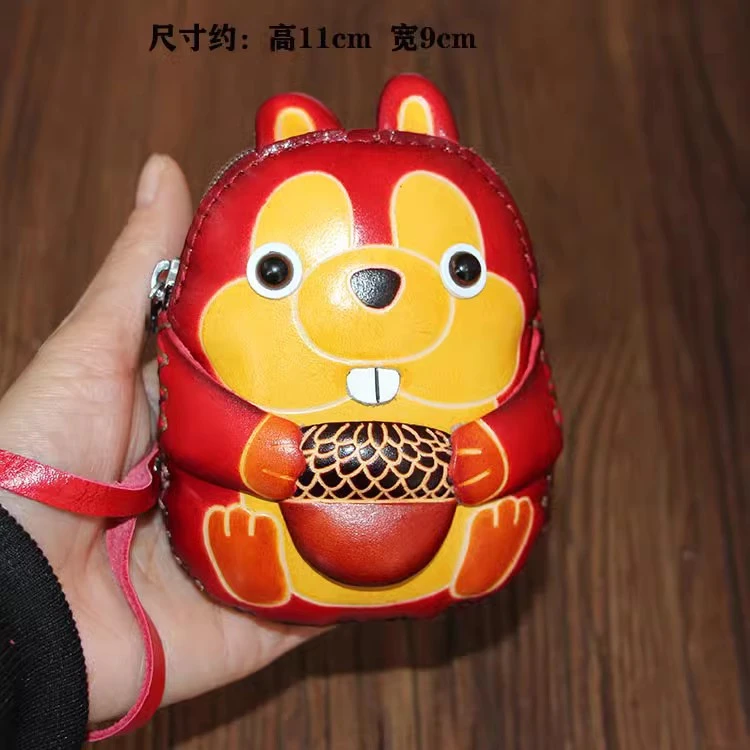 纯手工钱包手缝制牛皮钥匙包卡通动物零钱包真皮撞色手挽小包卡包