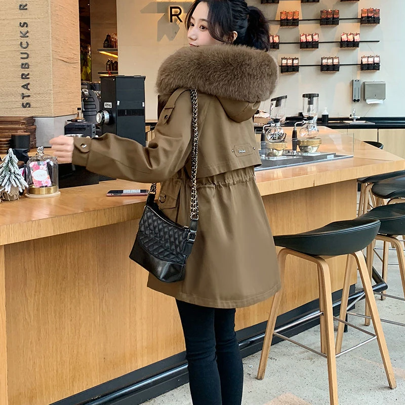 杭州专柜品质新款秋冬中长款大毛领抽绳显瘦加绒加厚派克服