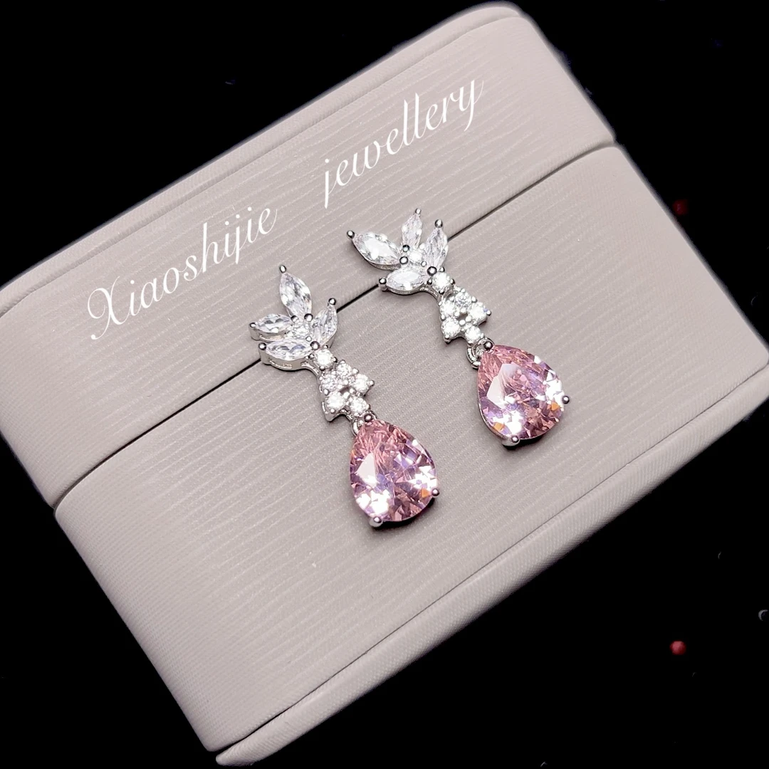 铜合金合成锆石耳饰 粉水滴中长耳环E0418