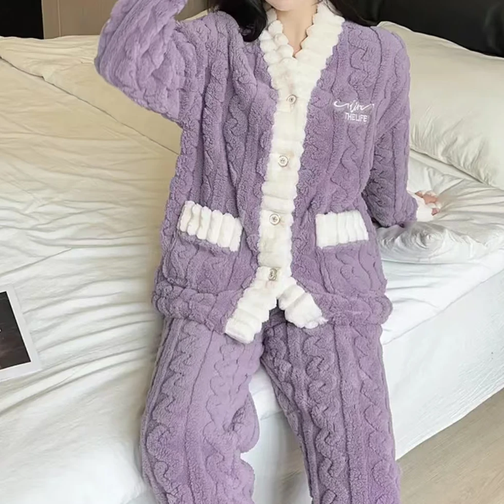 家居服秋冬款韩版条纹绒套装紫色小香风