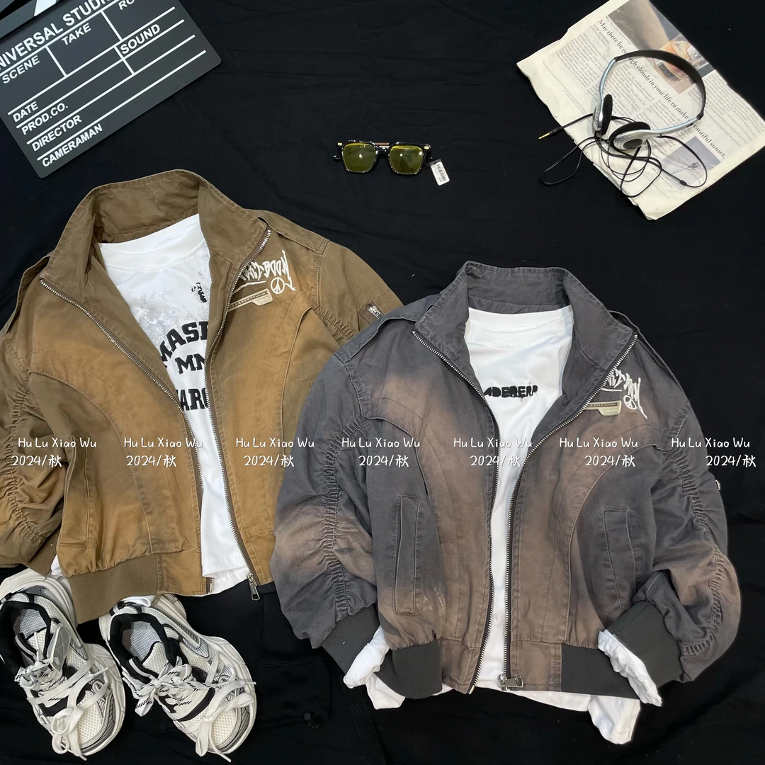 春款刺绣高级灰夹克男女同款双层内里休闲棒球服外套