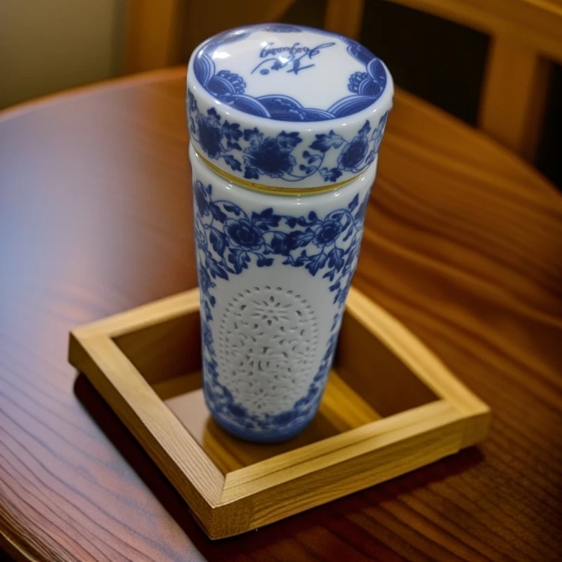 景德镇陶瓷青花雕刻镂空保温杯246