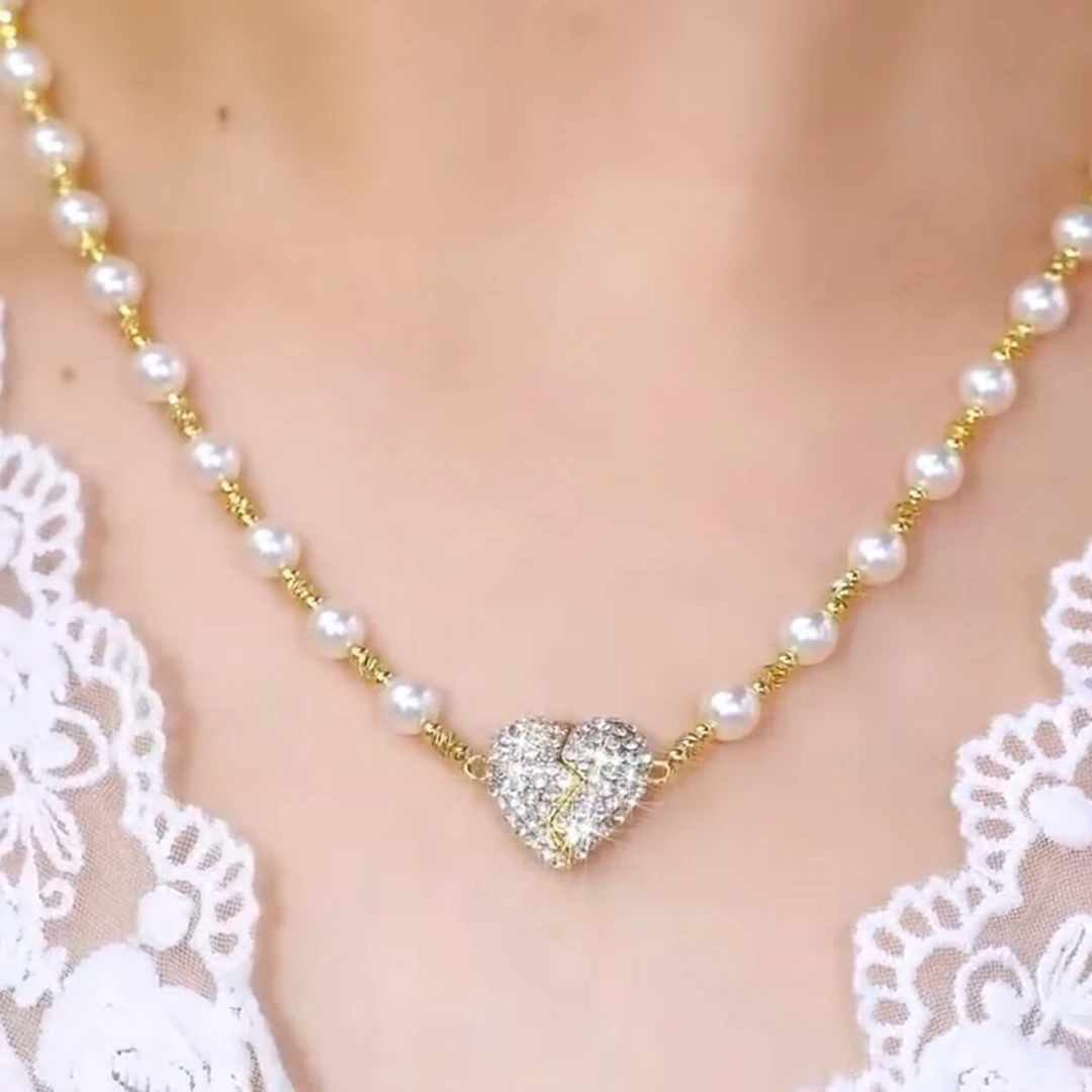 锌合金吊坠 锌合金吊坠 金色镶钻爱心磁吸心形吊坠项链轻奢小众设