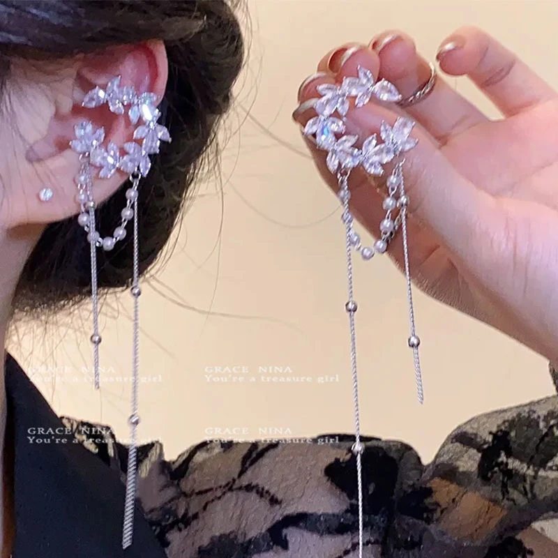 锌合金耳饰 小众设计闪钻月亮流苏耳夹女无耳洞耳骨夹高级感轻奢