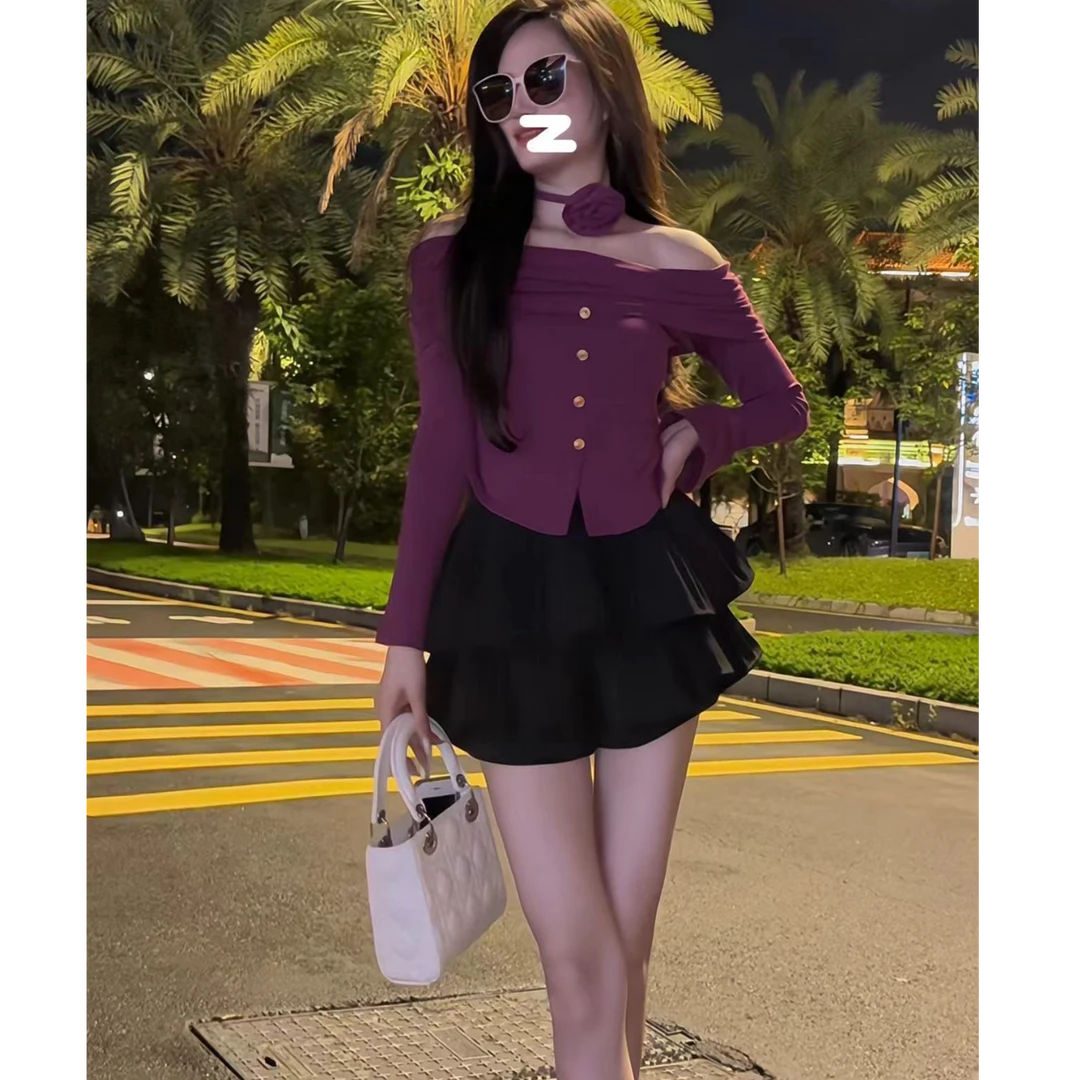 秋季新款精致甜辣风一字领花朵挂脖喇叭袖开叉长袖上衣搭蛋糕裙