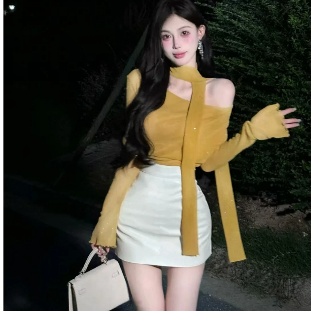 辣妹设计感飘带斜肩长袖T恤上衣秋季高腰包臀半身裙