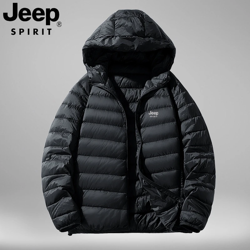 jeep吉普冬季轻薄羽绒服男士连帽休闲白鸭绒大码保暖户外羽绒外套