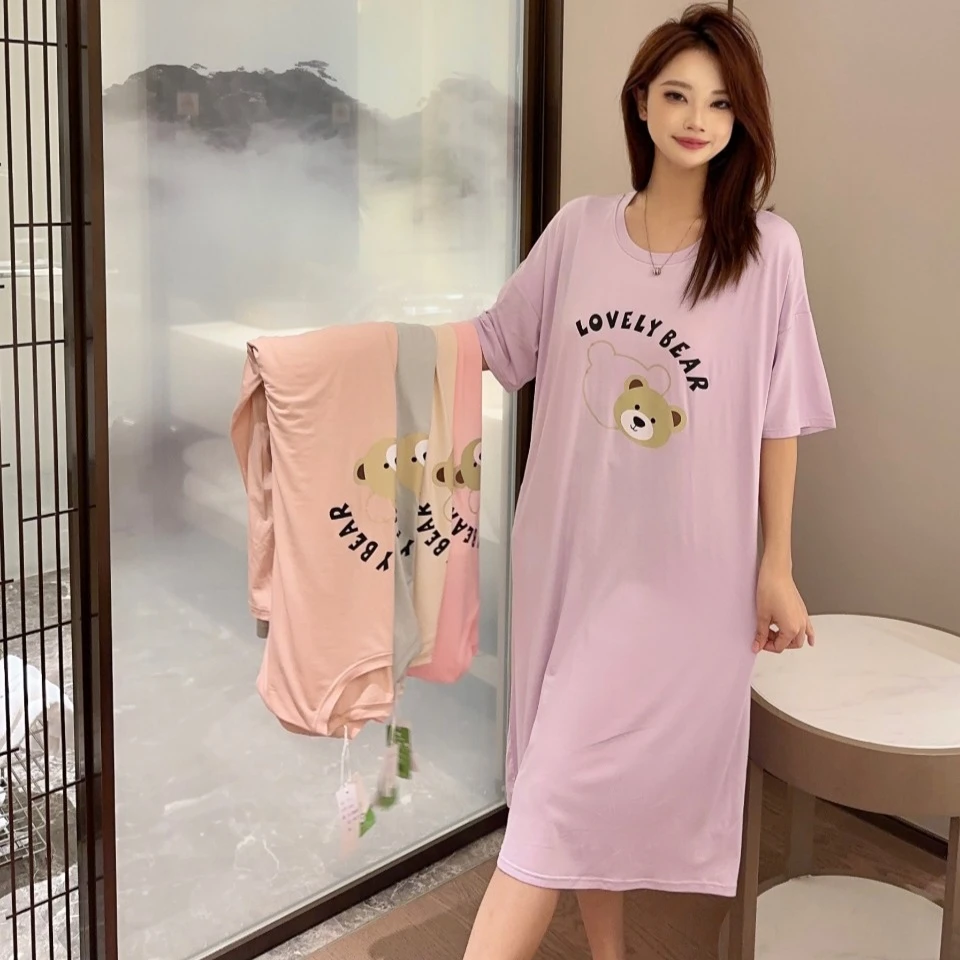 7612夏季女士新款睡裙时尚家居裙宽松休闲舒适卡通甜美长裙