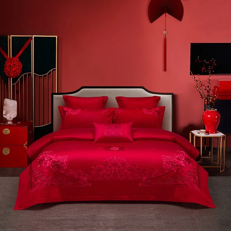 160支纯棉匹马棉提花大红色本色牡丹花刺绣结婚四件套婚庆套件