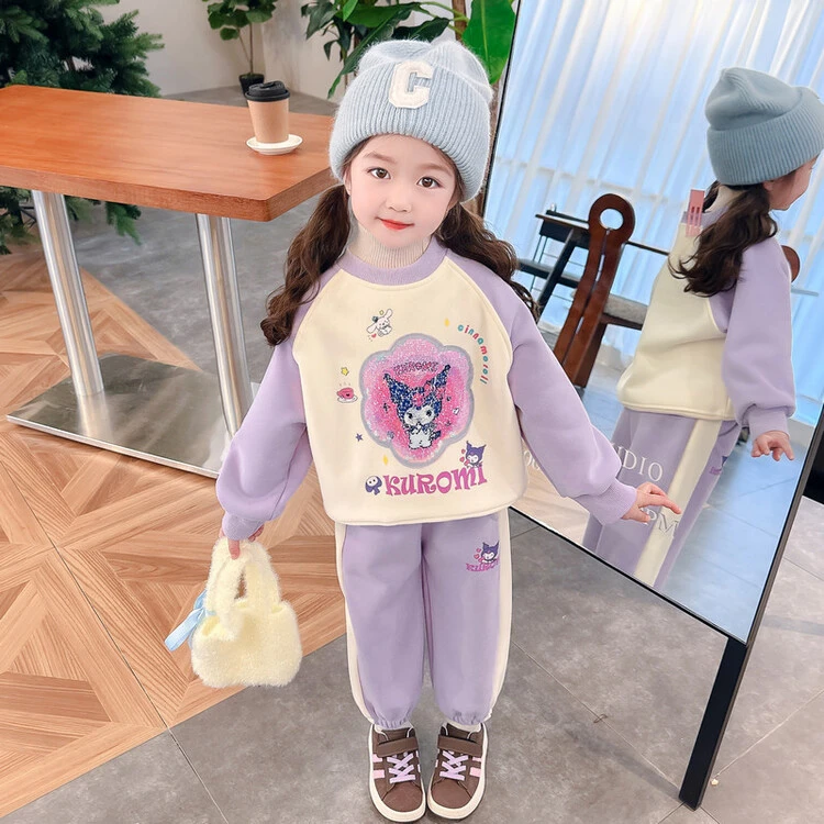【不买拼命】女童卡通套装2023秋冬网红甜妹库洛米中小童加绒两件套