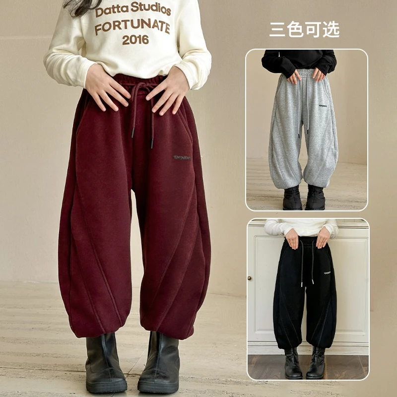 儿童加绒卫裤2024秋冬一体绒休闲裤中大童女童宽松时髦百搭运动裤