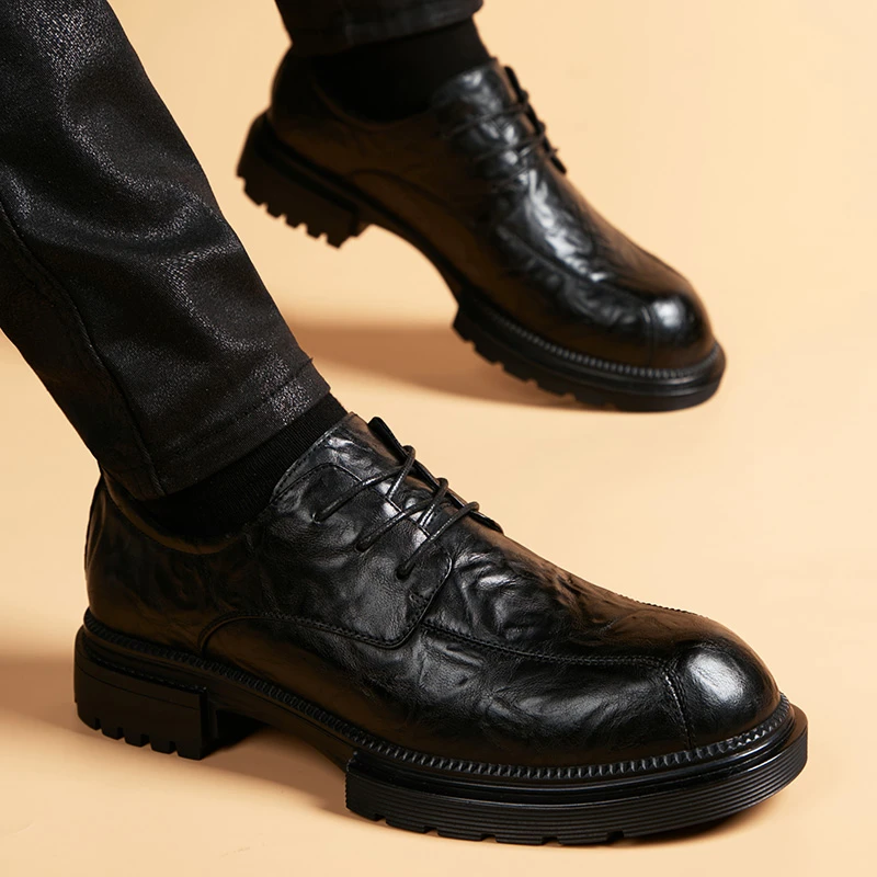 百搭休闲时尚男皮鞋透气男士黑色高级感厚底真皮不磨脚商务皮鞋