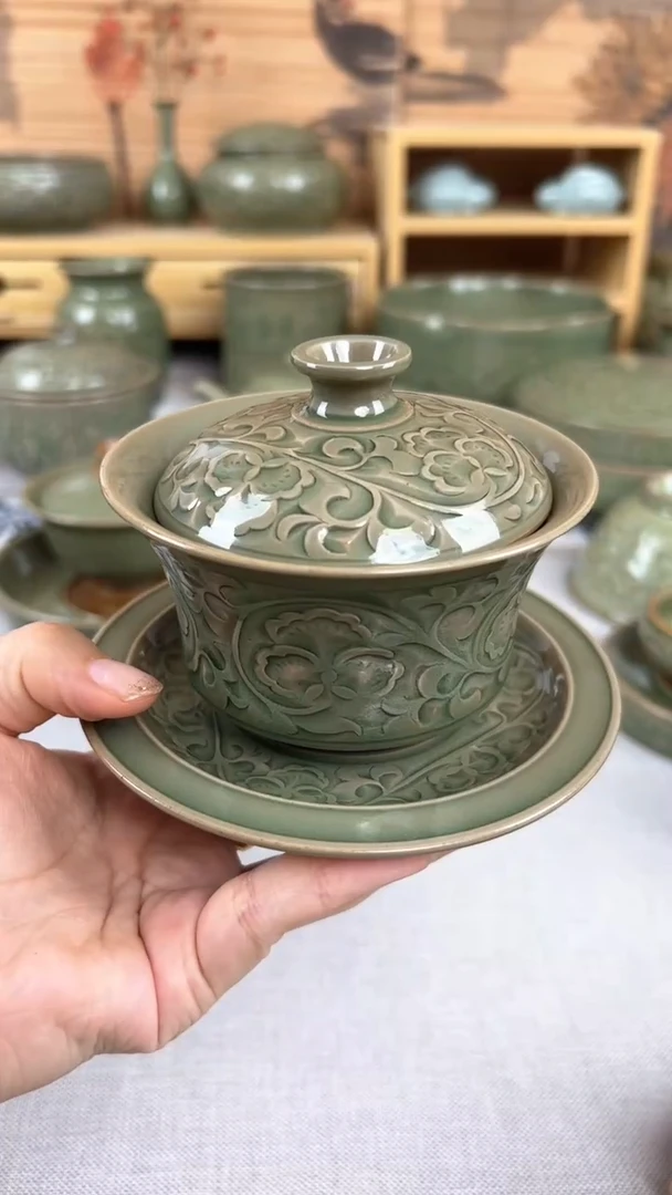 【闪购商品】瓷其他王晓娜纯手工缠枝牡丹三才盖碗