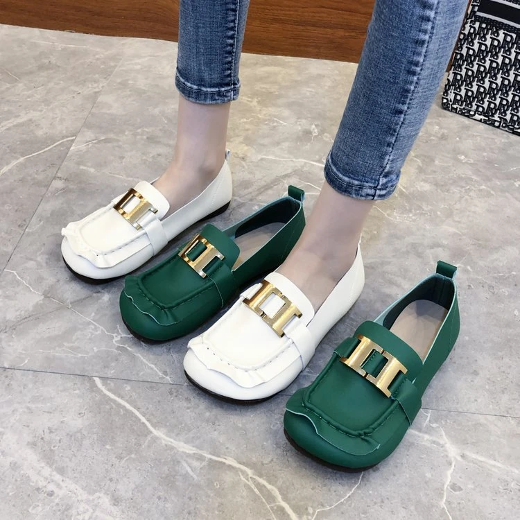 一脚蹬软底豆豆鞋女2023年夏季新款大脚平底方头软皮单鞋女开车鞋