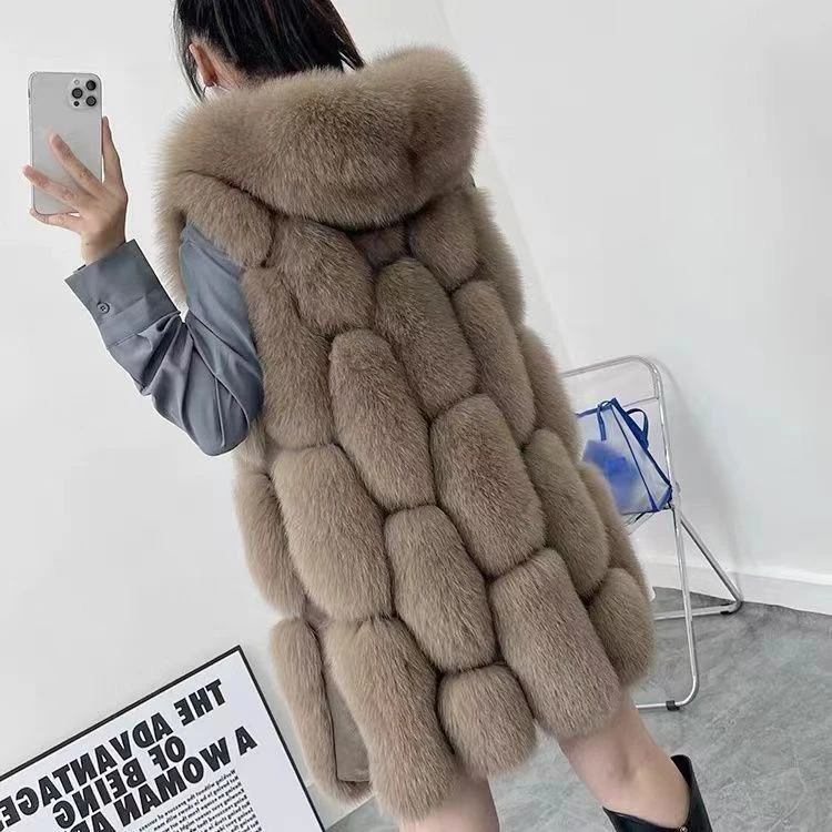 2023秋冬气质整皮一级狐狸毛马甲连帽外套中长款时尚百搭洋气显瘦
