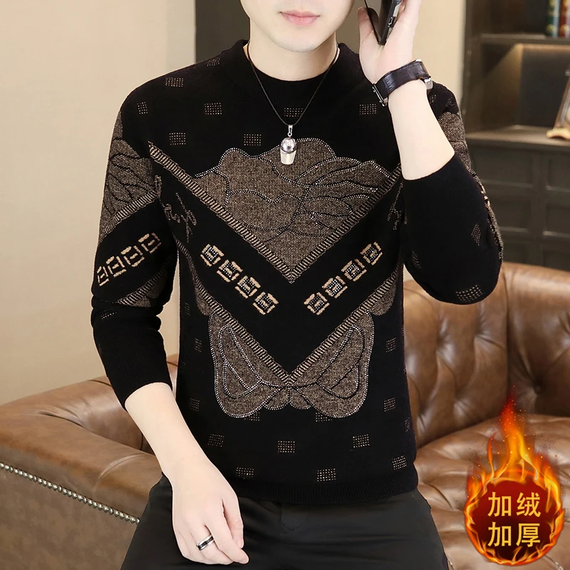 高品质欧货加厚毛衣男士秋冬时尚烫钻针织衫百搭潮流男休闲打底衫