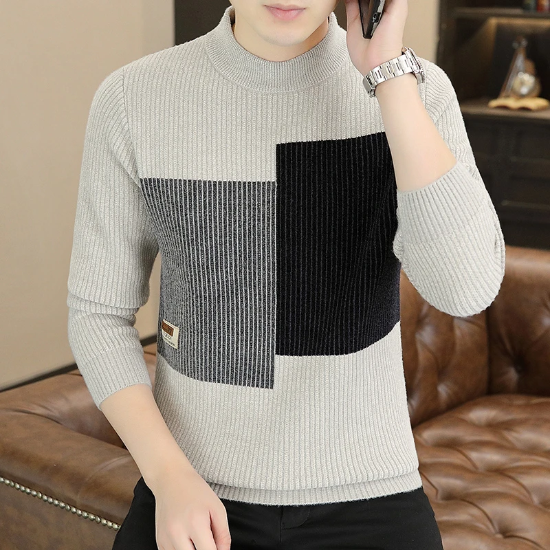 高档半高领毛衣男士秋冬新款时尚拼接针织衫百搭潮流男休闲打底衫