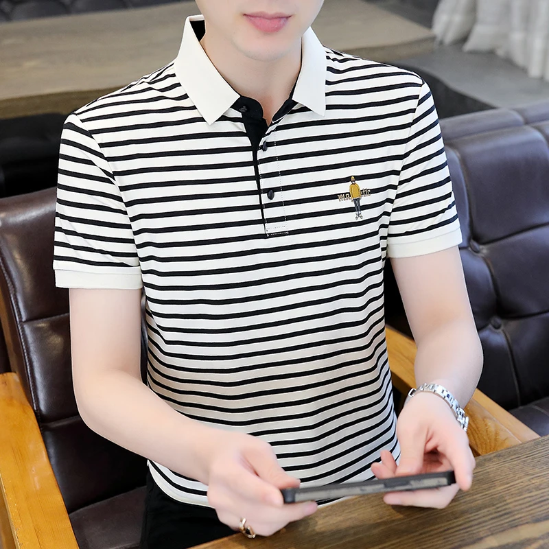 高档新品POLO衫男士翻领短袖夏季时尚百搭条纹T恤潮流男休闲上衣