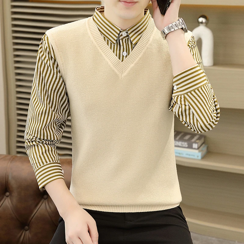 高品质假两件毛衣男士秋冬新款衬衫领针织衫百搭潮流男休闲打底衫