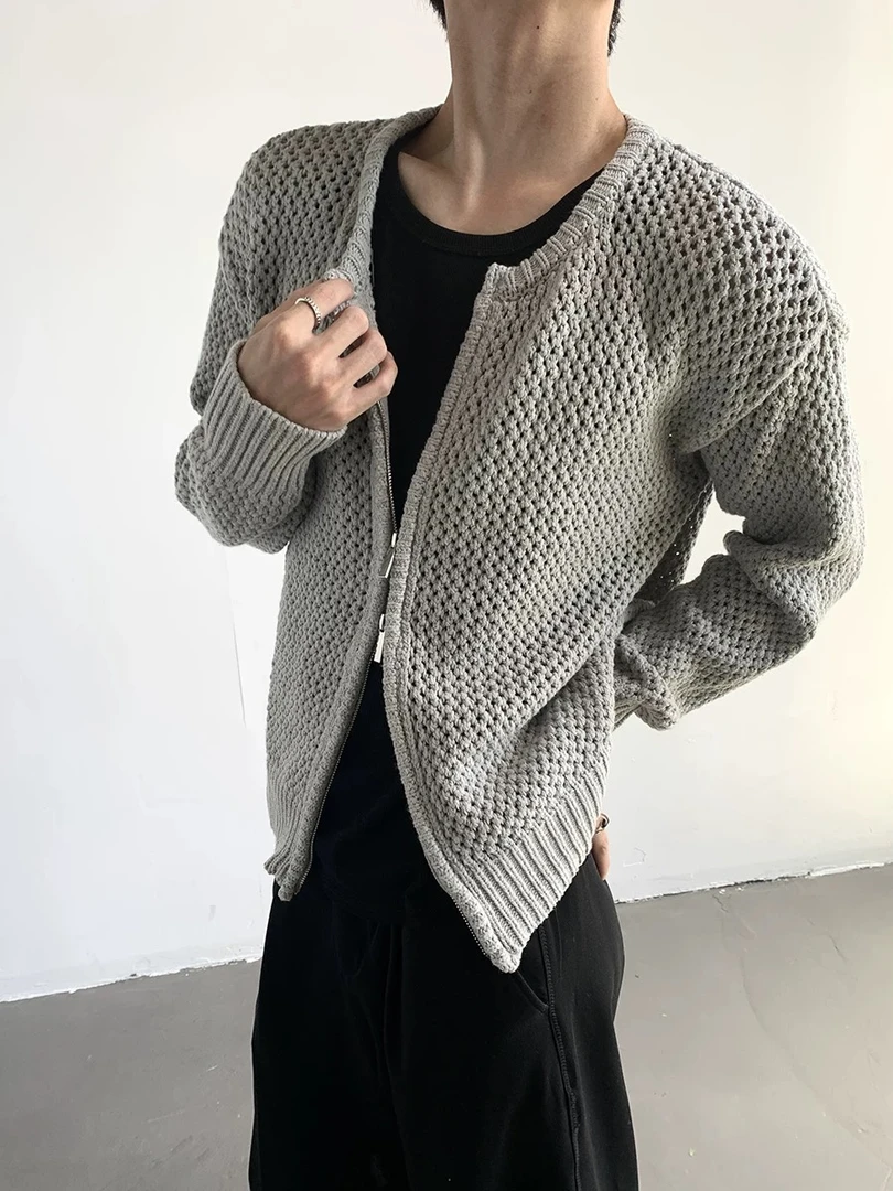 POP男装 65082秋冬设计感镂空针织开衫外套双拉链百搭