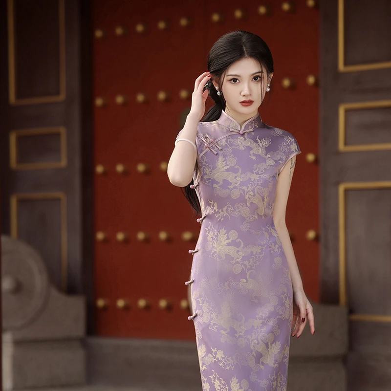 【紫气东来】中国风修身气质短款时尚夏季复古中长款日常气质旗袍