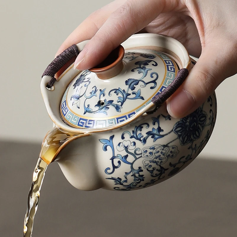 青花汝窑手抓壶盖碗茶杯高档大号防烫家用功夫茶具泡茶茶碗带盖