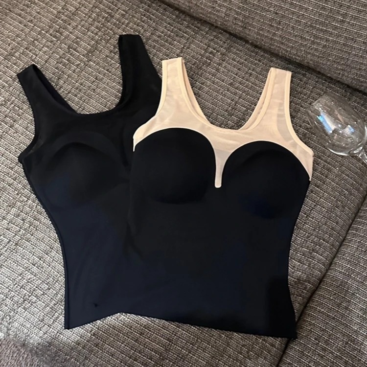 纯欲辣妹风无痕紧身上衣女假两件带胸垫美背网纱蕾丝打底衫内搭