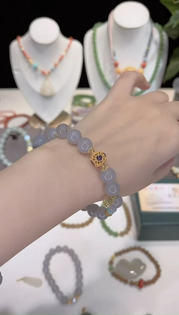 【闪购商品】和田玉手链18K金镶嵌18k/烟紫/10mm