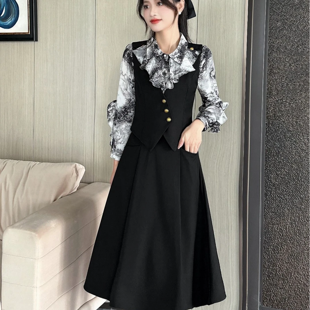 最新款三件套半裙马甲印花衬衫水墨波点长袖可分开单修身显瘦百搭