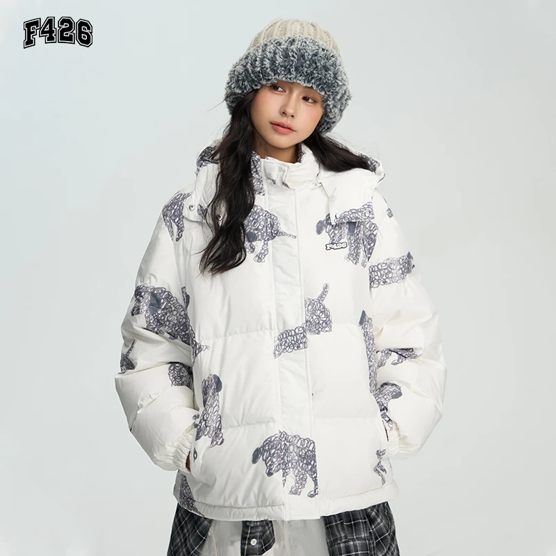 【暖冬直降】F426潮牌时尚街头风手绘潦草小狗棉服冬季加厚外套6218