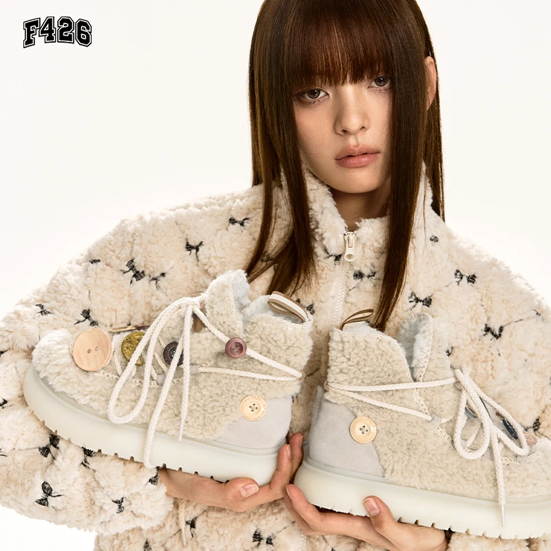 【赵露思同款】F426国潮牌冬季美式高帮加绒加厚保暖系带雪地靴6450