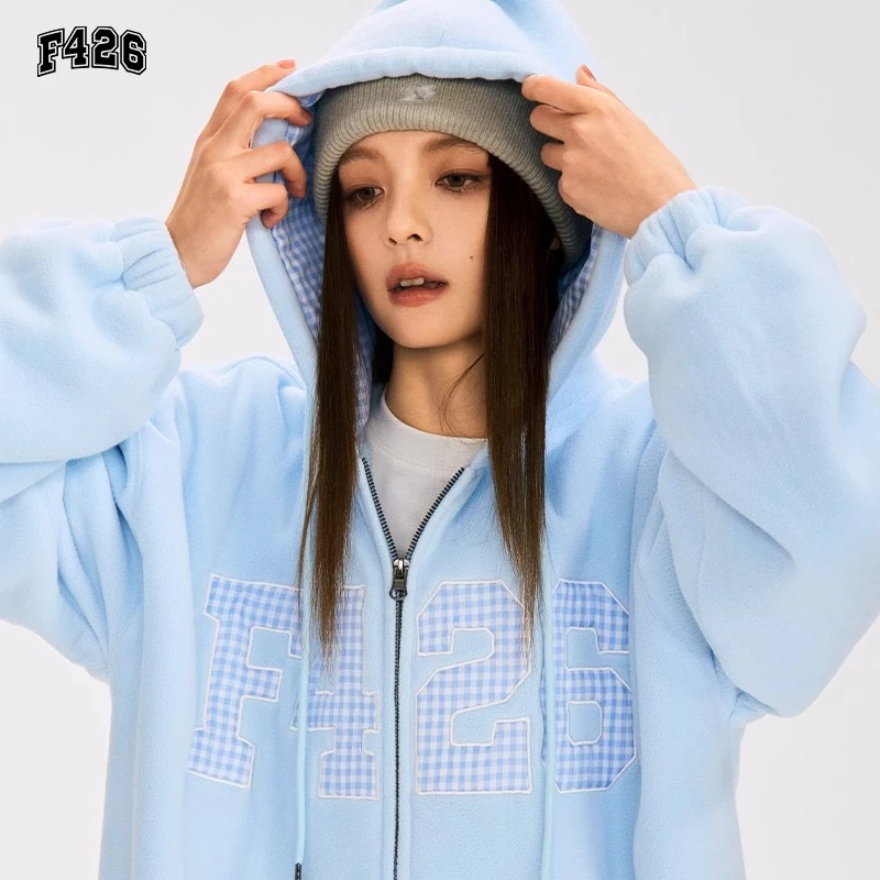 F426潮牌秋冬保暖加厚连帽卫衣潮流休闲大logo格子贴布绣外套6616