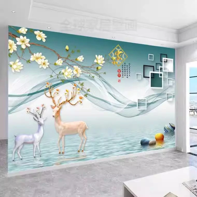 定制电视壁纸客厅影视墙18D壁画麋鹿立体墙贴简约壁布中式背景墙