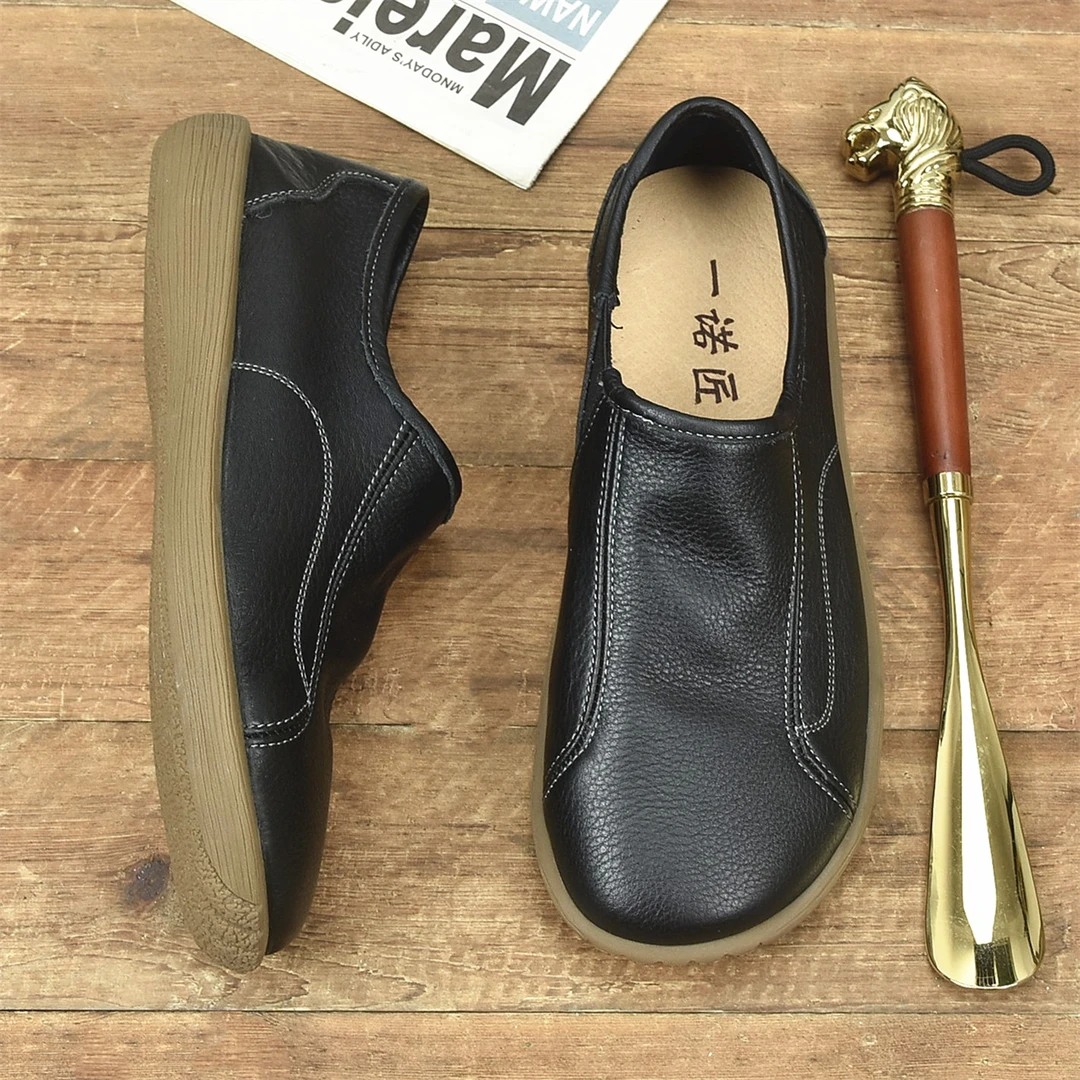 宽头男鞋复古真皮休闲皮鞋透气软面软底一脚蹬豆豆鞋男潮流开车鞋