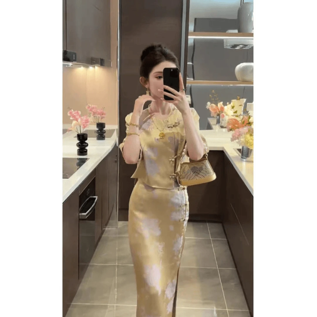 夏季新中式国风女装套装2024新款短袖盘扣上衣优雅半身裙两件套潮