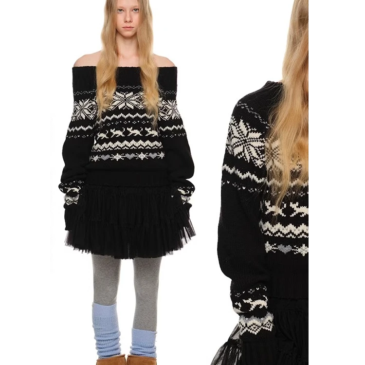 时尚韩版慵懒风复古提花一字肩毛衣女冬季松弛感显瘦保暖针织上衣