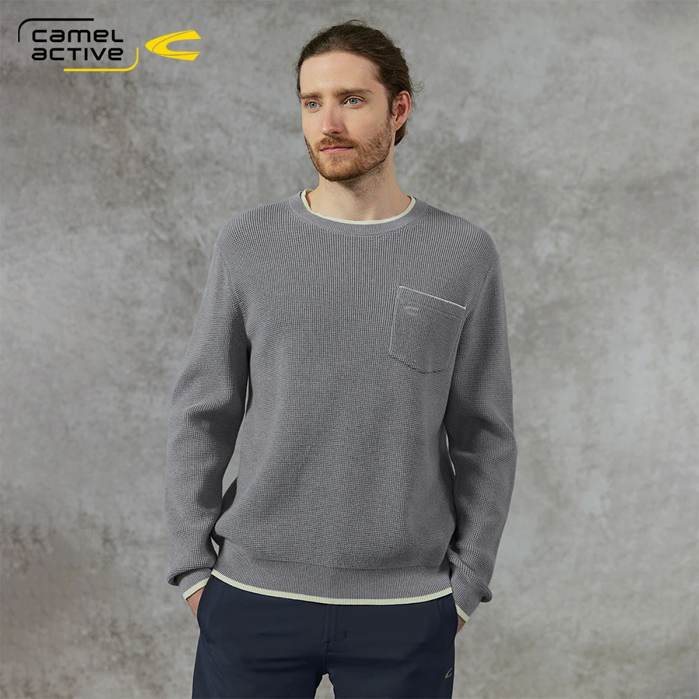 德国骆驼动感男装2025秋季新款时尚撞色肌理感圆领针织衫百搭毛衣