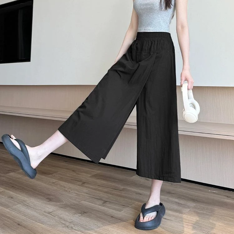 高腰显瘦半身裤裙女2025夏季新款宽松阔腿裤子褶皱肌理感休闲裤女
