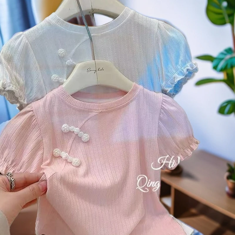 女宝宝夏季新中式短袖T恤2024新款小女孩洋气薄款百搭中国风上衣